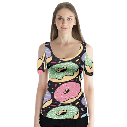 Colorful Donut Seamless Pattern On Black Vector Butterfly Sleeve Cutout Tee  by Sobalvarro