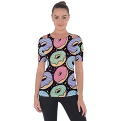 Colorful Donut Seamless Pattern On Black Vector Shoulder Cut Out Short Sleeve Top by Sobalvarro