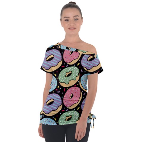 Colorful Donut Seamless Pattern On Black Vector Tie-up Tee by Sobalvarro