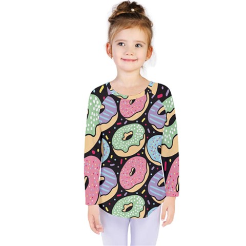 Colorful Donut Seamless Pattern On Black Vector Kids  Long Sleeve Tee by Sobalvarro