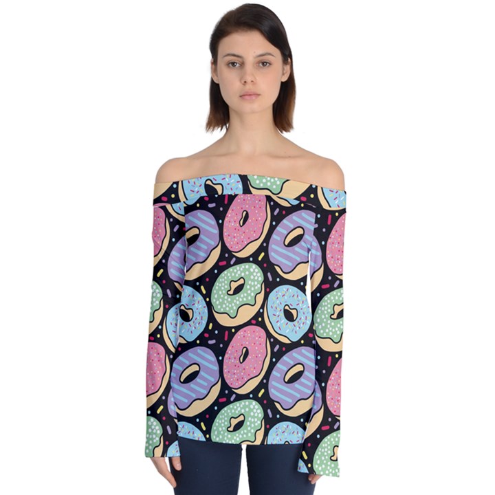 Colorful Donut Seamless Pattern On Black Vector Off Shoulder Long Sleeve Top