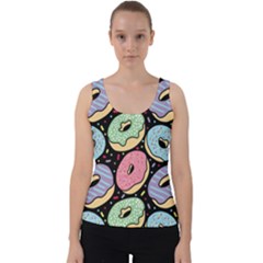 Colorful Donut Seamless Pattern On Black Vector Velvet Tank Top by Sobalvarro