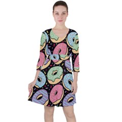 Colorful Donut Seamless Pattern On Black Vector Ruffle Dress by Sobalvarro