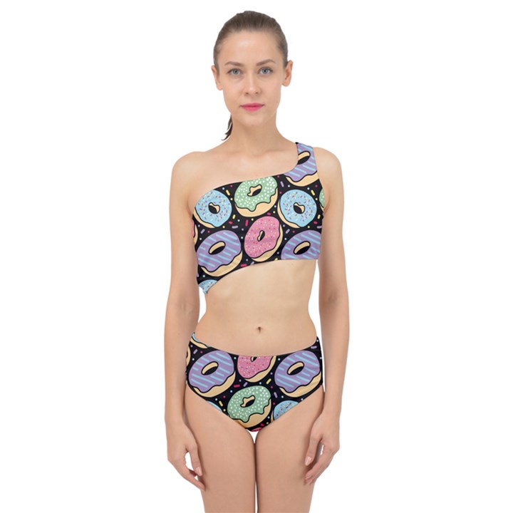 Colorful Donut Seamless Pattern On Black Vector Spliced Up Two Piece Swimsuit