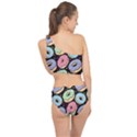 Colorful Donut Seamless Pattern On Black Vector Spliced Up Two Piece Swimsuit View2