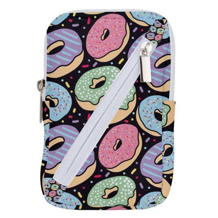 Colorful Donut Seamless Pattern On Black Vector Belt Pouch Bag (Large)