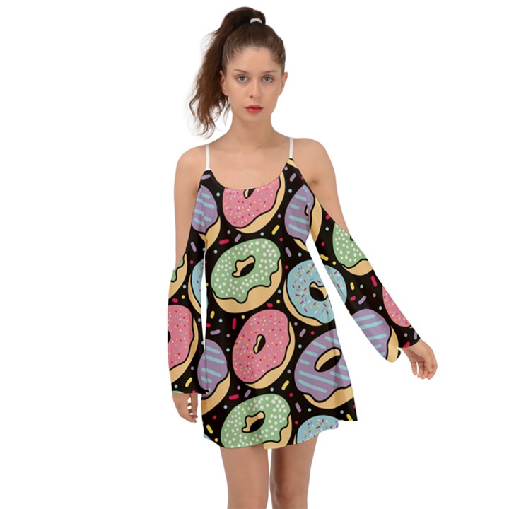 Colorful Donut Seamless Pattern On Black Vector Kimono Sleeves Boho Dress