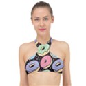 Colorful Donut Seamless Pattern On Black Vector High Neck Bikini Top View1