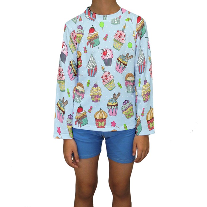 Cupcake Doodle Pattern Kids  Long Sleeve Swimwear