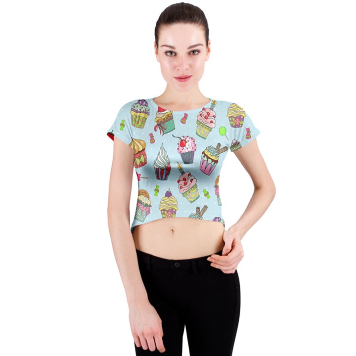 Cupcake Doodle Pattern Crew Neck Crop Top