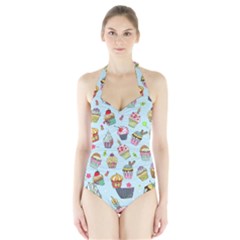 Cupcake Doodle Pattern Halter Swimsuit by Sobalvarro