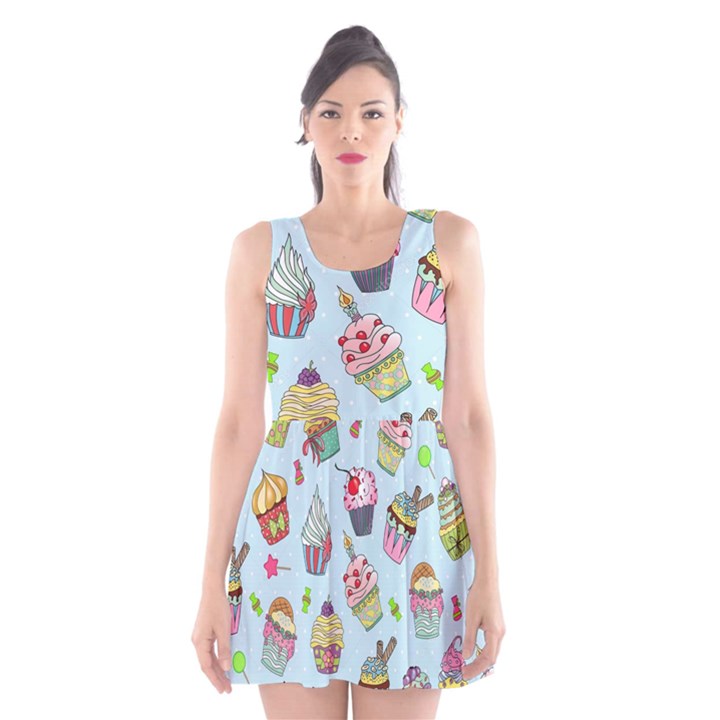 Cupcake Doodle Pattern Scoop Neck Skater Dress