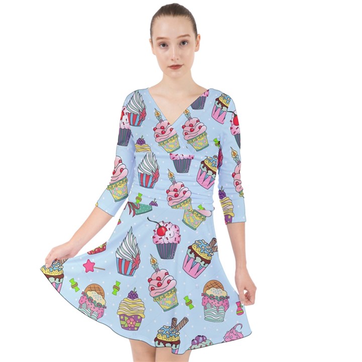 Cupcake Doodle Pattern Quarter Sleeve Front Wrap Dress