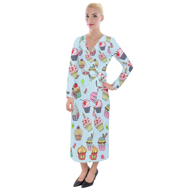 Cupcake Doodle Pattern Velvet Maxi Wrap Dress