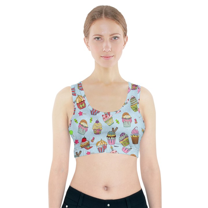 Cupcake Doodle Pattern Sports Bra With Pocket