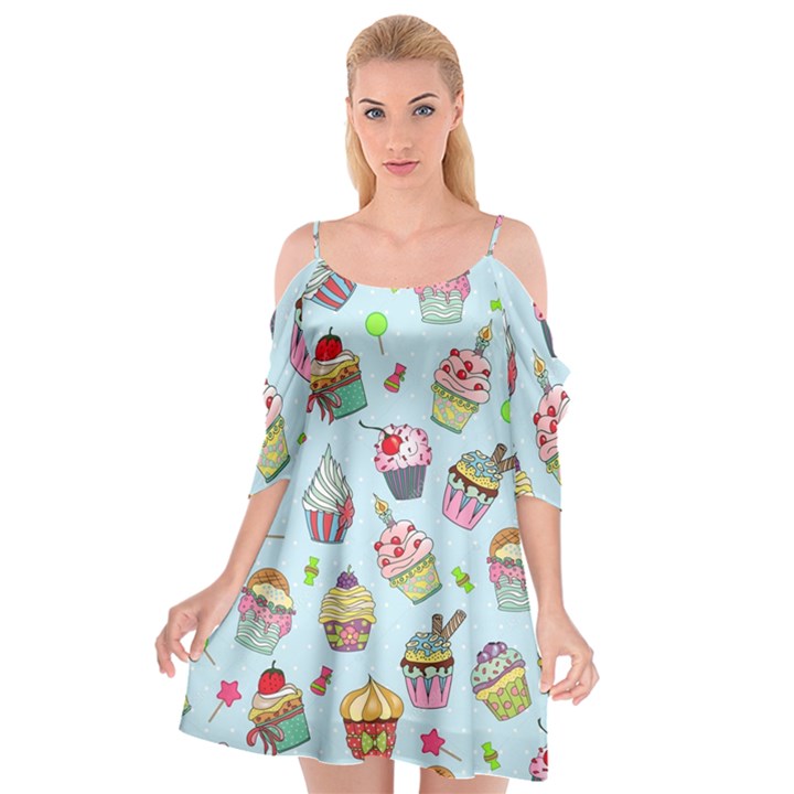 Cupcake Doodle Pattern Cutout Spaghetti Strap Chiffon Dress