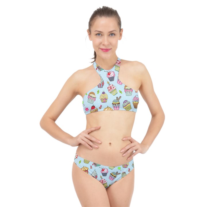 Cupcake Doodle Pattern High Neck Bikini Set