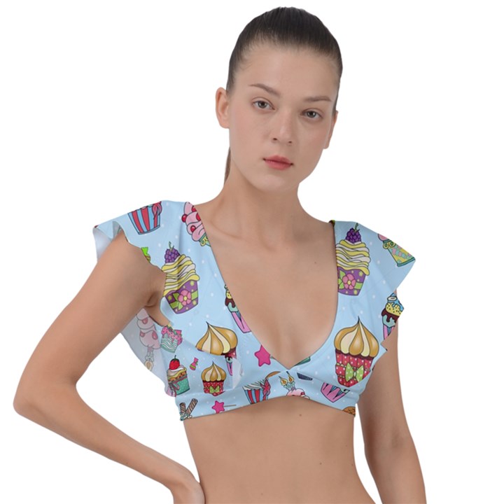 Cupcake Doodle Pattern Plunge Frill Sleeve Bikini Top