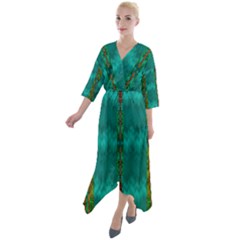 Shimmering Colors From The Sea Decorative Quarter Sleeve Wrap Front Maxi Dress