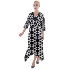 Black And White Triangles Quarter Sleeve Wrap Front Maxi Dress