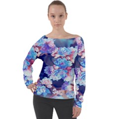 Flowers Off Shoulder Long Sleeve Velour Top