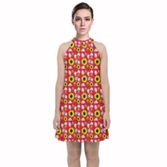 Hawaii Ghost Red Velvet Halter Neckline Dress 