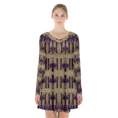 Rainbow Pearls Decorative Long Sleeve Velvet V-neck Dress