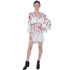 Red And White Matrix Patterned Design V-neck Flare Sleeve Mini Dress by dflcprintsclothing