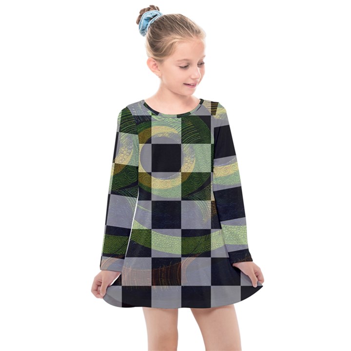 Digital Checkboard Kids  Long Sleeve Dress