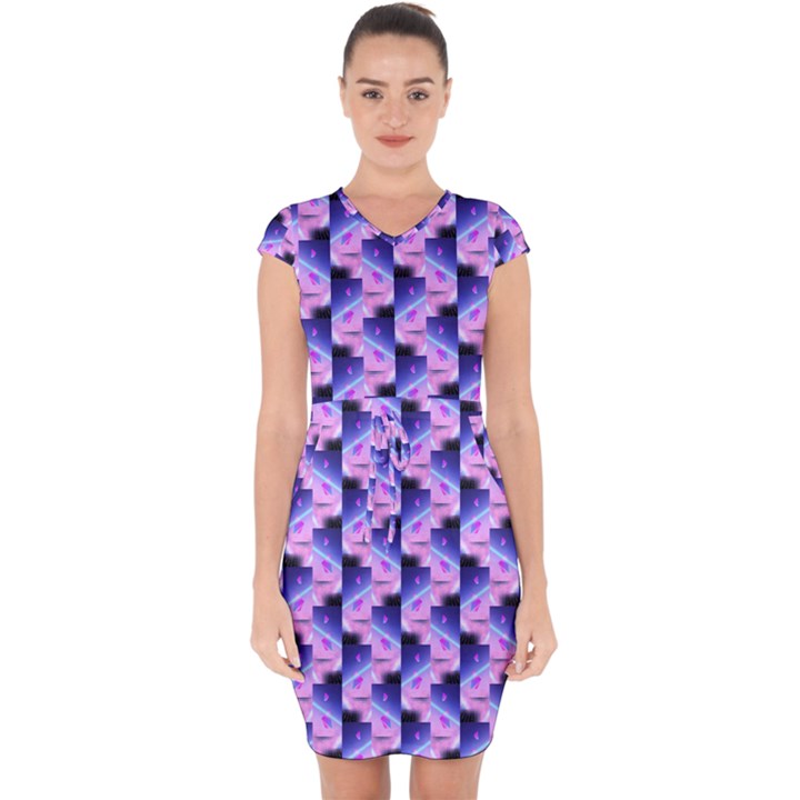 Digital Waves Capsleeve Drawstring Dress 