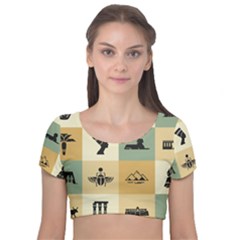 Egyptian Flat Style Icons Velvet Short Sleeve Crop Top  by Wegoenart