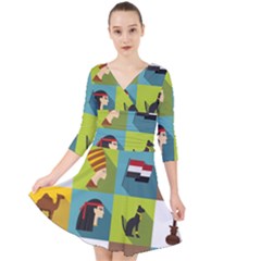 Egypt Travel Items Icons Set Flat Style Quarter Sleeve Front Wrap Dress by Wegoenart