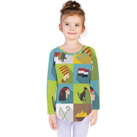 Egypt Travel Items Icons Set Flat Style Kids  Long Sleeve Tee by Wegoenart