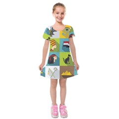 Egypt Travel Items Icons Set Flat Style Kids  Short Sleeve Velvet Dress