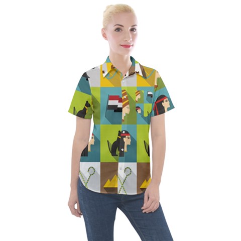 Egypt Travel Items Icons Set Flat Style Women s Short Sleeve Pocket Shirt by Wegoenart