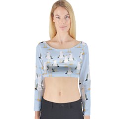 Cute Seagulls Seamless Pattern Light Blue Background Long Sleeve Crop Top by Wegoenart