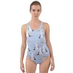 Cute Seagulls Seamless Pattern Light Blue Background Cut-out Back One Piece Swimsuit by Wegoenart