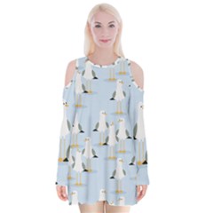 Cute Seagulls Seamless Pattern Light Blue Background Velvet Long Sleeve Shoulder Cutout Dress by Wegoenart