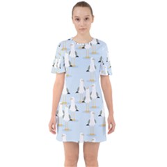 Cute Seagulls Seamless Pattern Light Blue Background Sixties Short Sleeve Mini Dress by Wegoenart