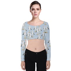 Cute Seagulls Seamless Pattern Light Blue Background Velvet Long Sleeve Crop Top by Wegoenart