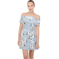 Cute Seagulls Seamless Pattern Light Blue Background Off Shoulder Chiffon Dress by Wegoenart