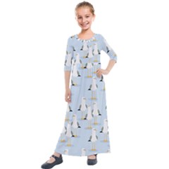 Cute Seagulls Seamless Pattern Light Blue Background Kids  Quarter Sleeve Maxi Dress by Wegoenart