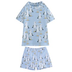 Cute Seagulls Seamless Pattern Light Blue Background Kids  Swim Tee And Shorts Set by Wegoenart