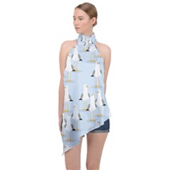 Cute Seagulls Seamless Pattern Light Blue Background Halter Asymmetric Satin Top by Wegoenart