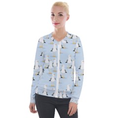 Cute Seagulls Seamless Pattern Light Blue Background Velour Zip Up Jacket by Wegoenart