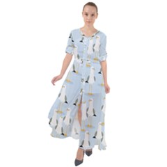 Cute Seagulls Seamless Pattern Light Blue Background Waist Tie Boho Maxi Dress