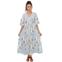 Cute Seagulls Seamless Pattern Light Blue Background Kimono Sleeve Boho Dress by Wegoenart