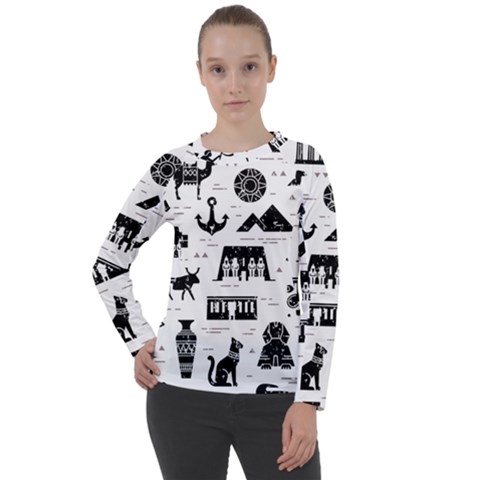 Dark Seamless Pattern Symbols Landmarks Signs Egypt Women s Long Sleeve Raglan Tee by Wegoenart