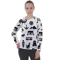 Dark Seamless Pattern Symbols Landmarks Signs Egypt Women s Long Sleeve Raglan Tee