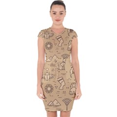 Egyptian Seamless Pattern Symbols Landmarks Signs Egypt Capsleeve Drawstring Dress 